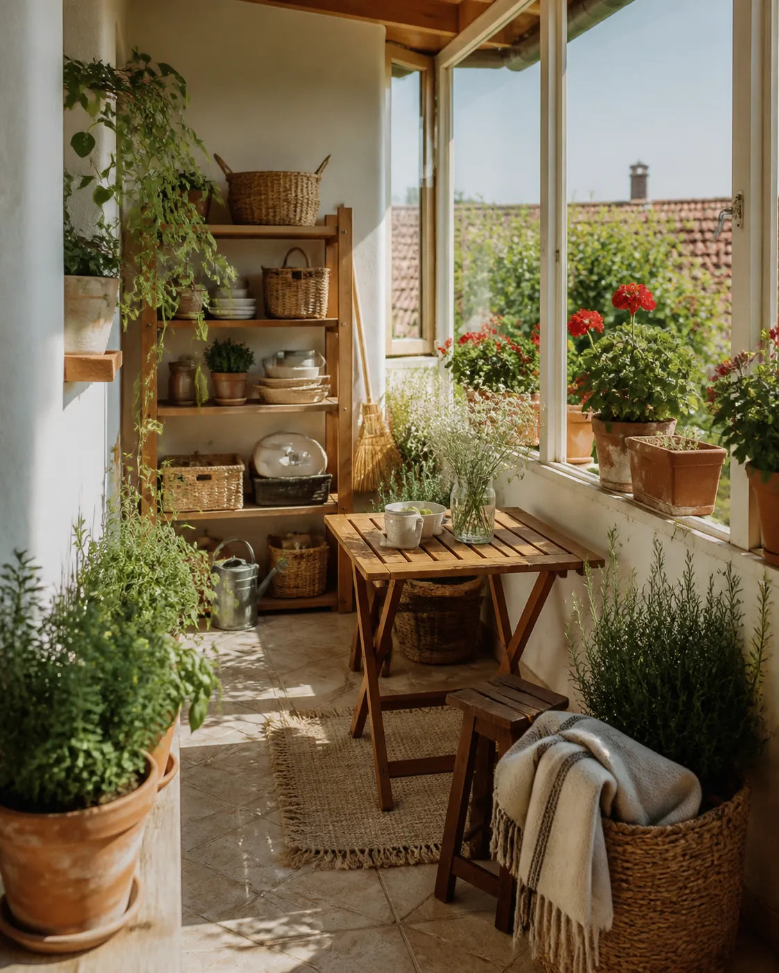 Balcon primitor cu plante și spațiu organizat
